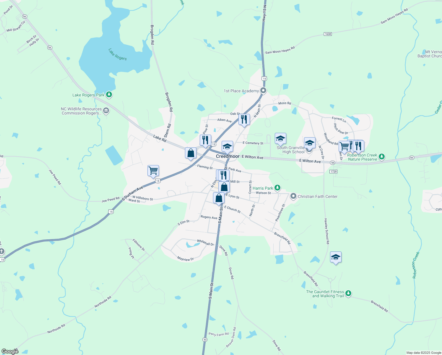 map of restaurants, bars, coffee shops, grocery stores, and more near 408 South Elm Street in Creedmoor