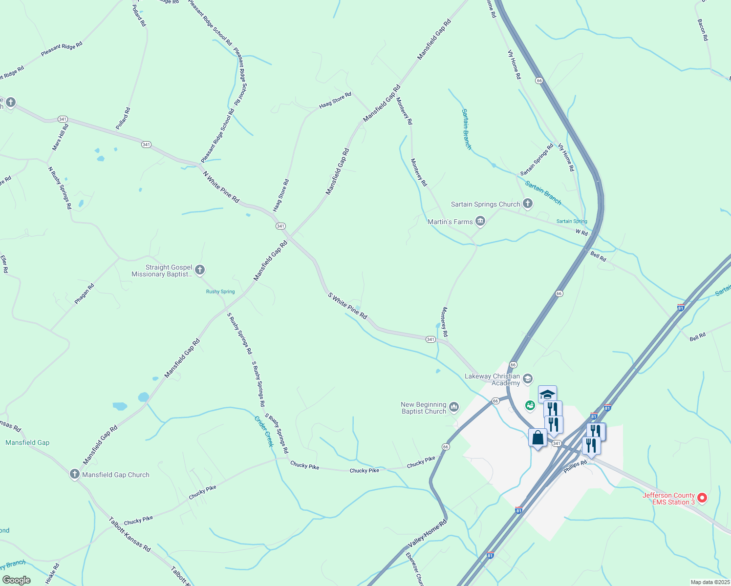 map of restaurants, bars, coffee shops, grocery stores, and more near 208 South White Pine Road in Jefferson County