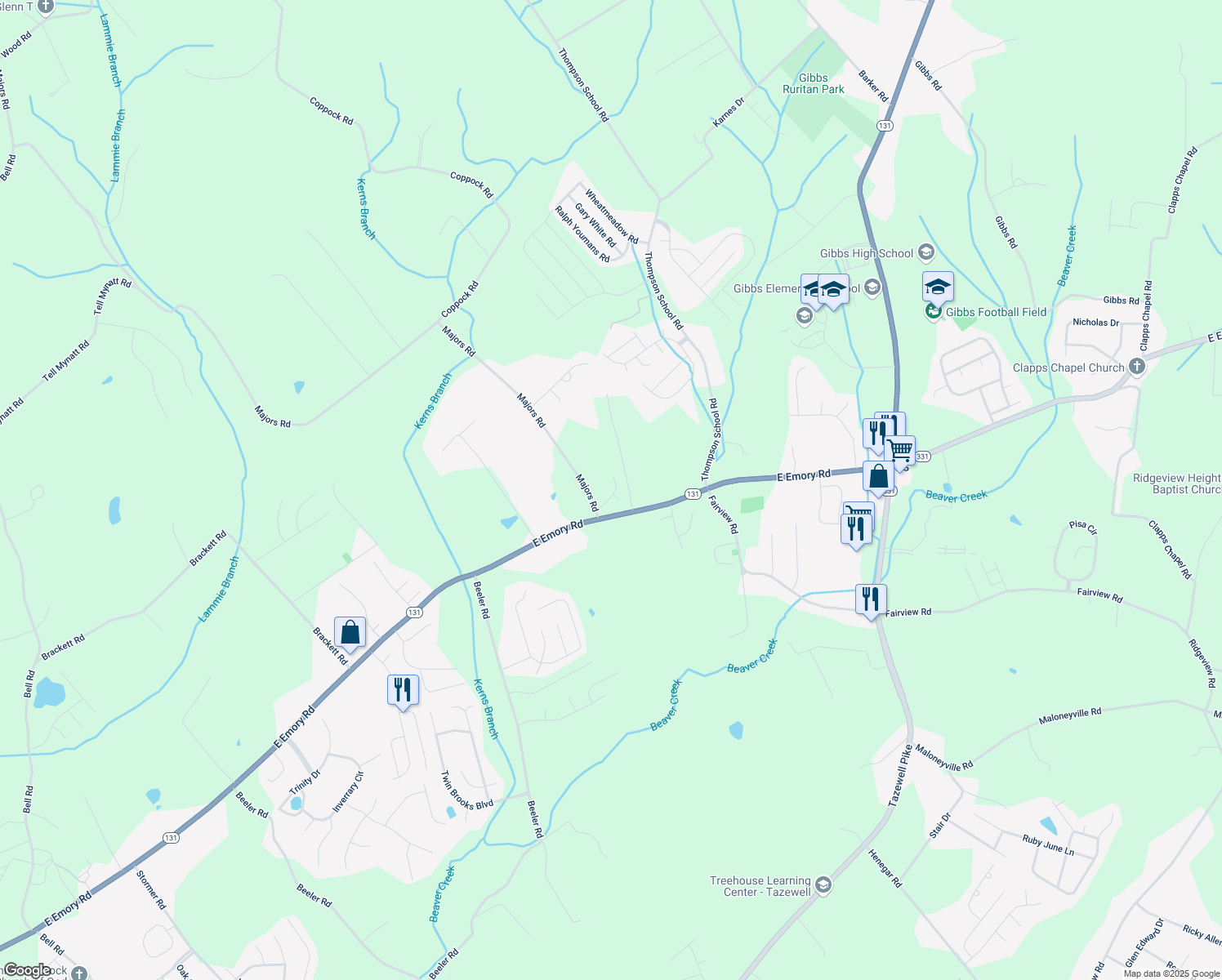 map of restaurants, bars, coffee shops, grocery stores, and more near 7121 Majors Landing Lane in Corryton
