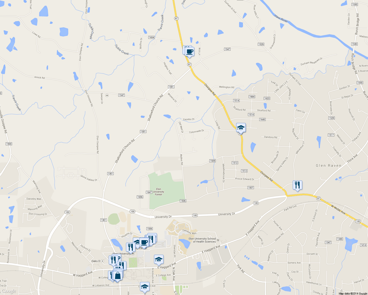 map of restaurants, bars, coffee shops, grocery stores, and more near 775 Walker Rd in Elon