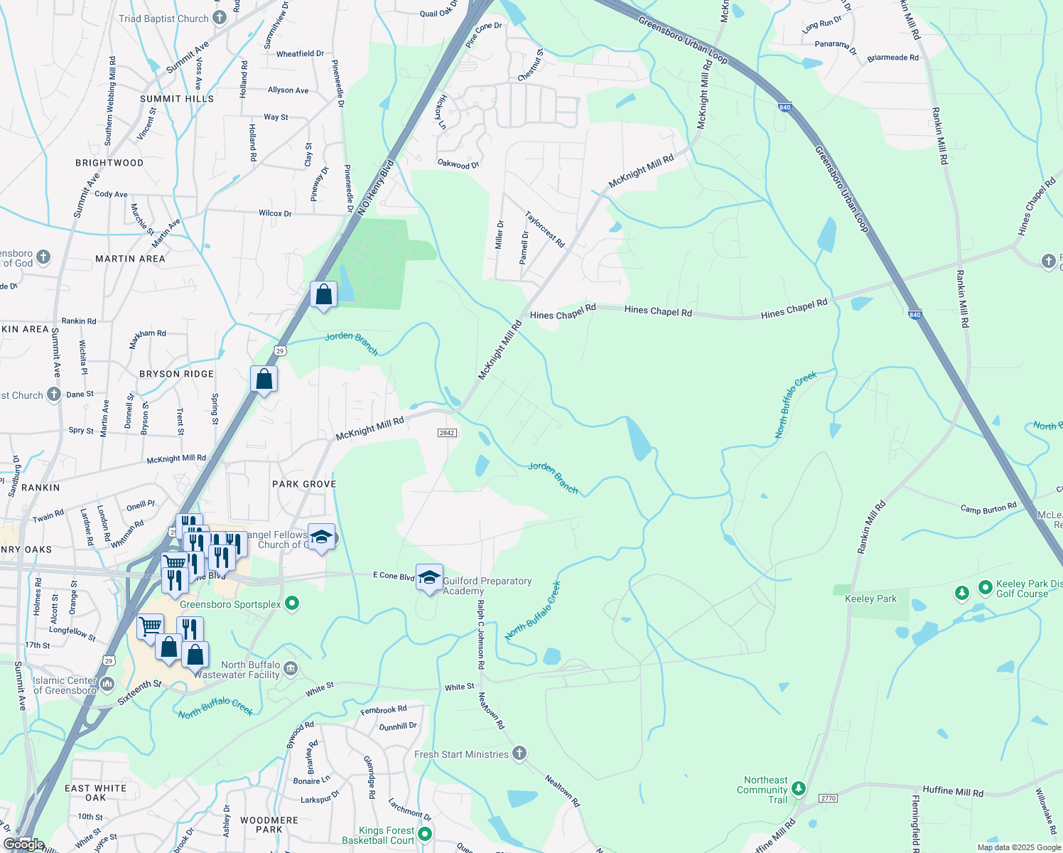 map of restaurants, bars, coffee shops, grocery stores, and more near 2906 Loretta Ln in Greensboro