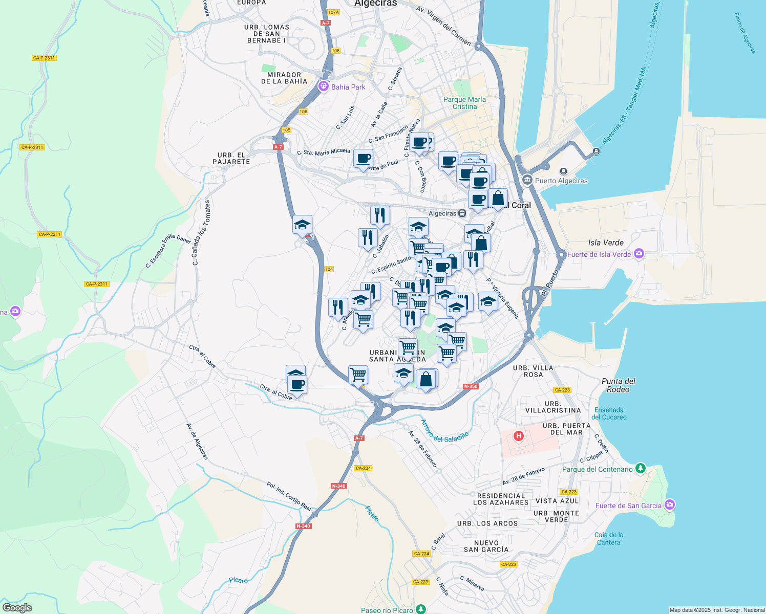 map of restaurants, bars, coffee shops, grocery stores, and more near 19 Calle Pedro Romero in Algeciras