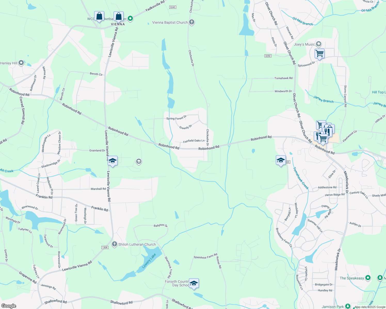 map of restaurants, bars, coffee shops, grocery stores, and more near 5917 Cutters Creek Court in Pfafftown