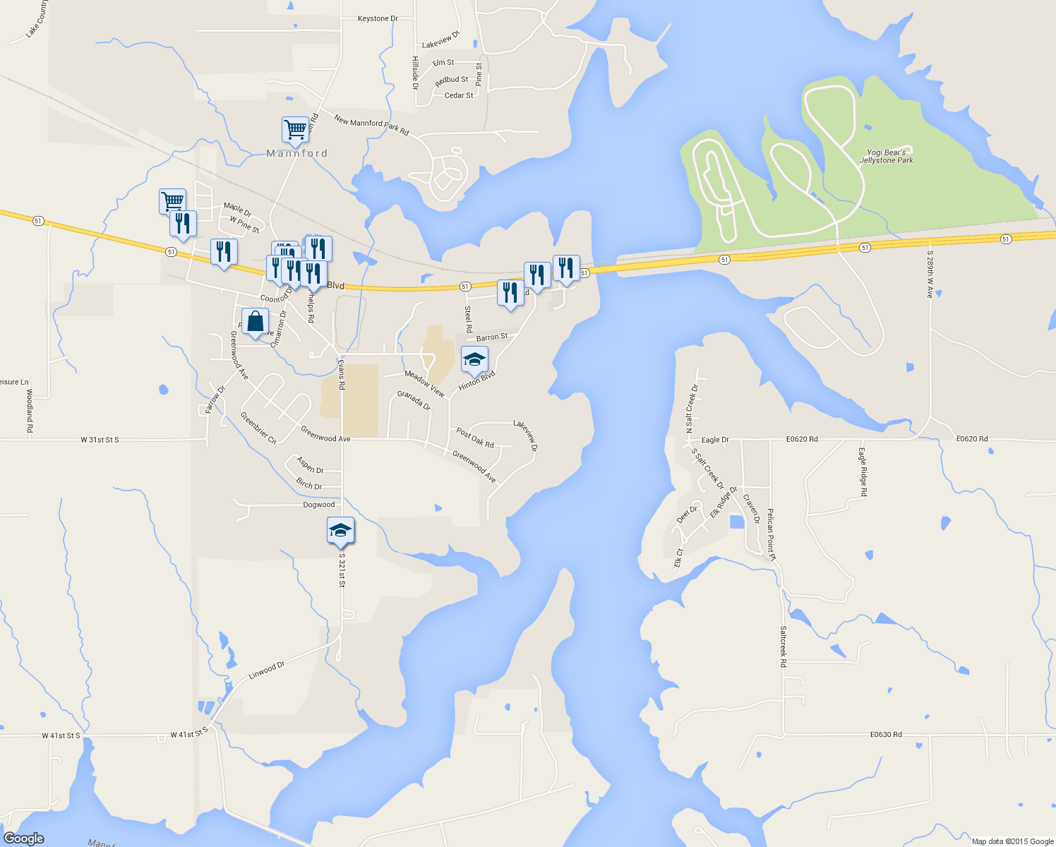 map of restaurants, bars, coffee shops, grocery stores, and more near 123 Lakeview Dr in Mannford