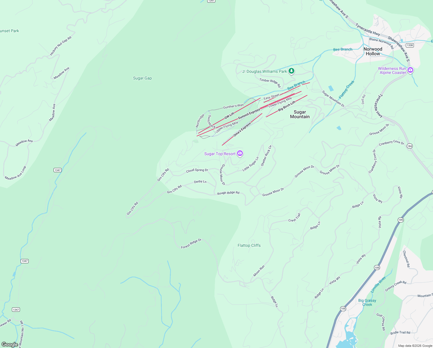 map of restaurants, bars, coffee shops, grocery stores, and more near 303 Sugar Top Drive in Sugar Mountain