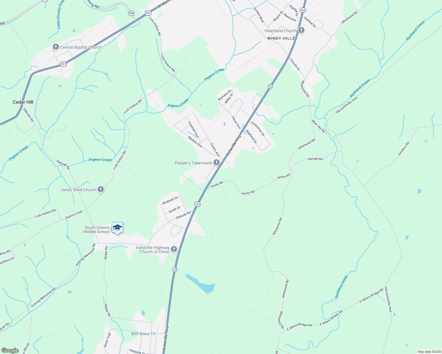 map of restaurants, bars, coffee shops, grocery stores, and more near 2443 Asheville Highway in Greeneville