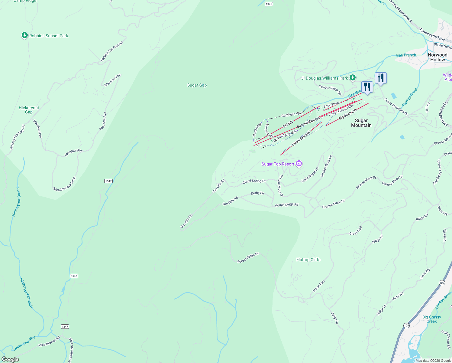 map of restaurants, bars, coffee shops, grocery stores, and more near 100 Cloud Spring Drive in Sugar Mountain
