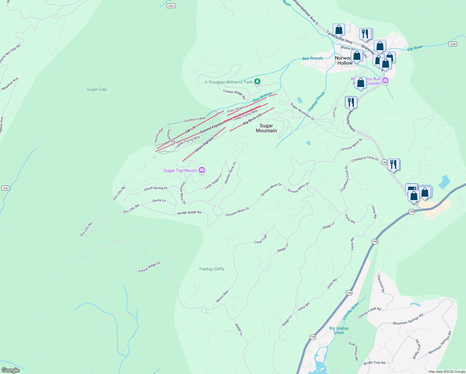 map of restaurants, bars, coffee shops, grocery stores, and more near 345 Shelter Rock Circle in Sugar Mountain