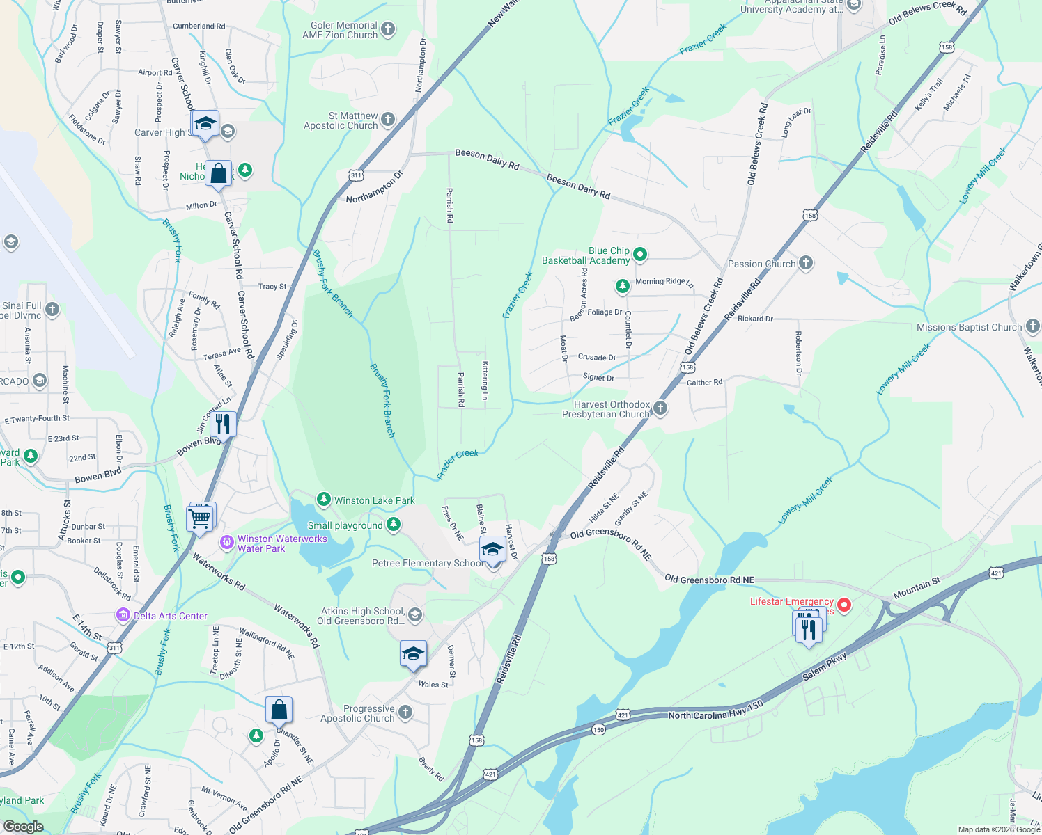map of restaurants, bars, coffee shops, grocery stores, and more near 3601 Turret Court Northeast in Winston-Salem