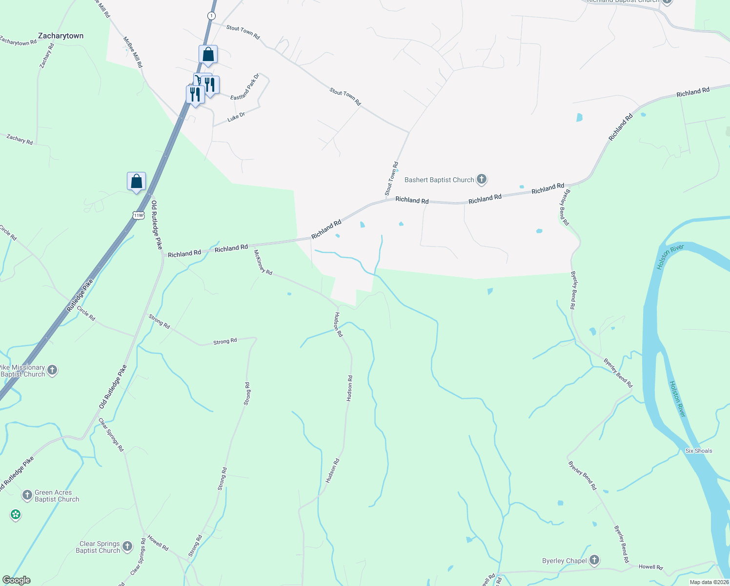 map of restaurants, bars, coffee shops, grocery stores, and more near 11121 McKinney Rd in Mascot