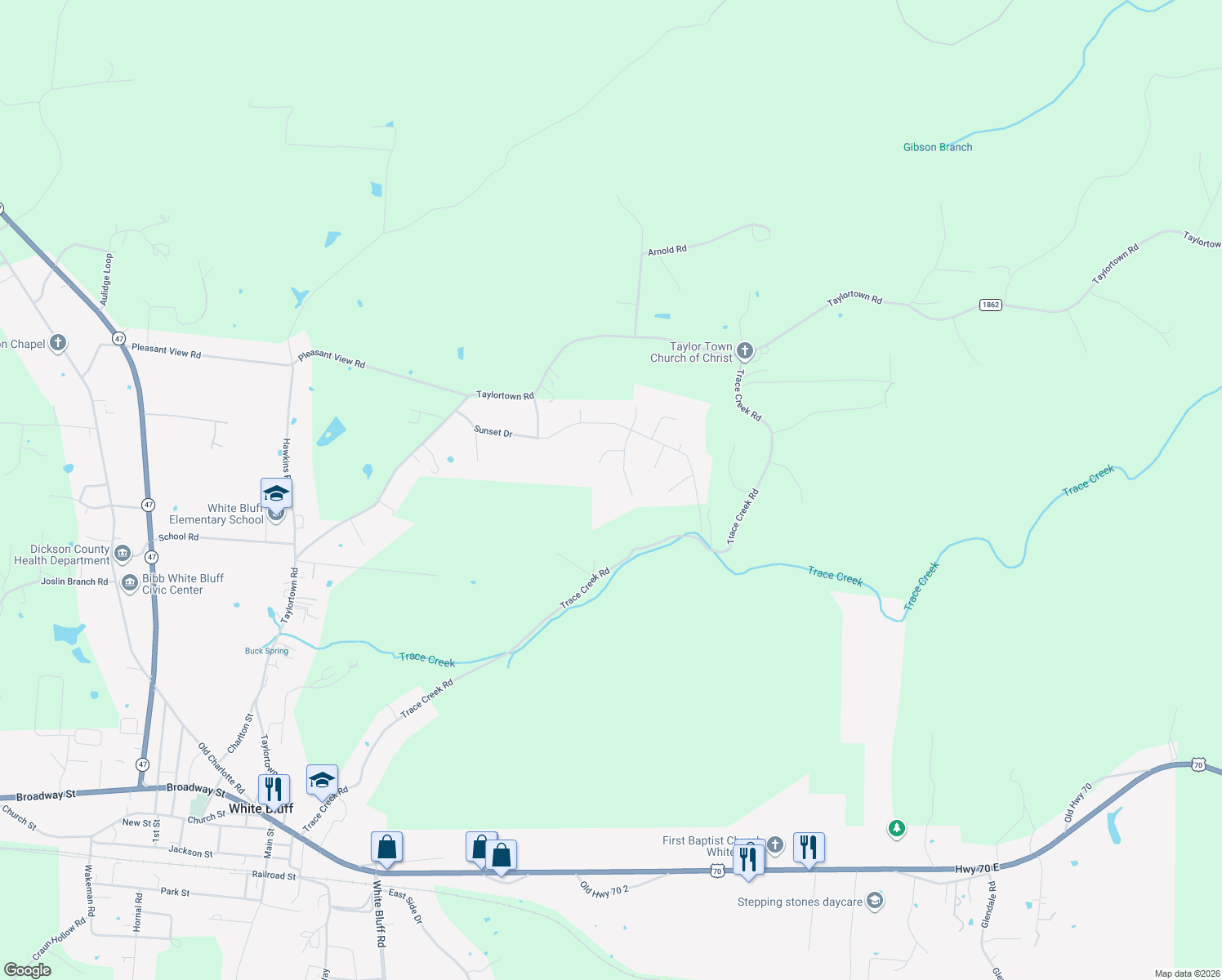 map of restaurants, bars, coffee shops, grocery stores, and more near 608 South Evening Shade in White Bluff