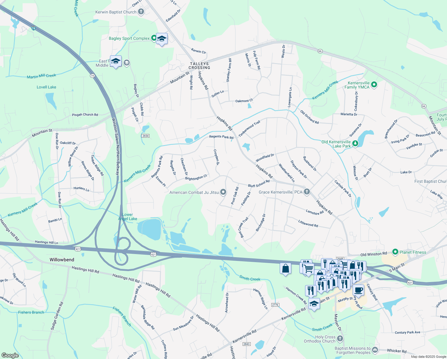 map of restaurants, bars, coffee shops, grocery stores, and more near 350 Barrington Park Lane in Kernersville