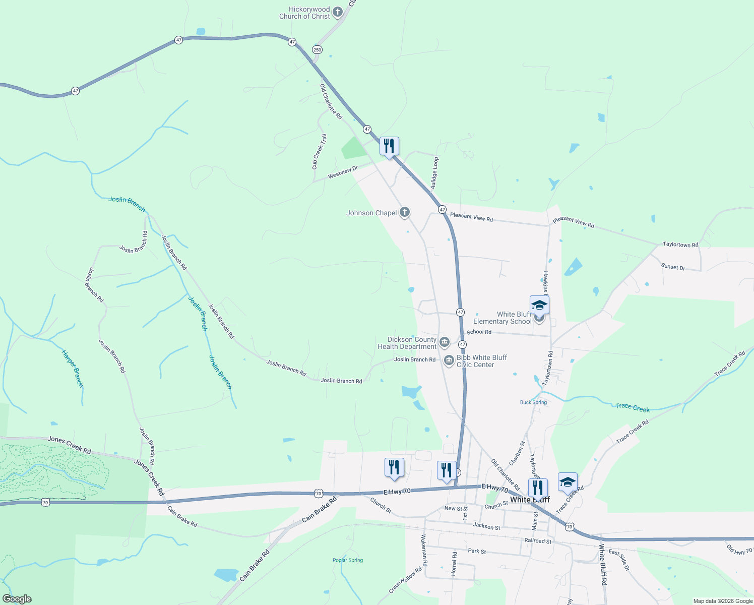 map of restaurants, bars, coffee shops, grocery stores, and more near 135 Puppy Ln in White Bluff
