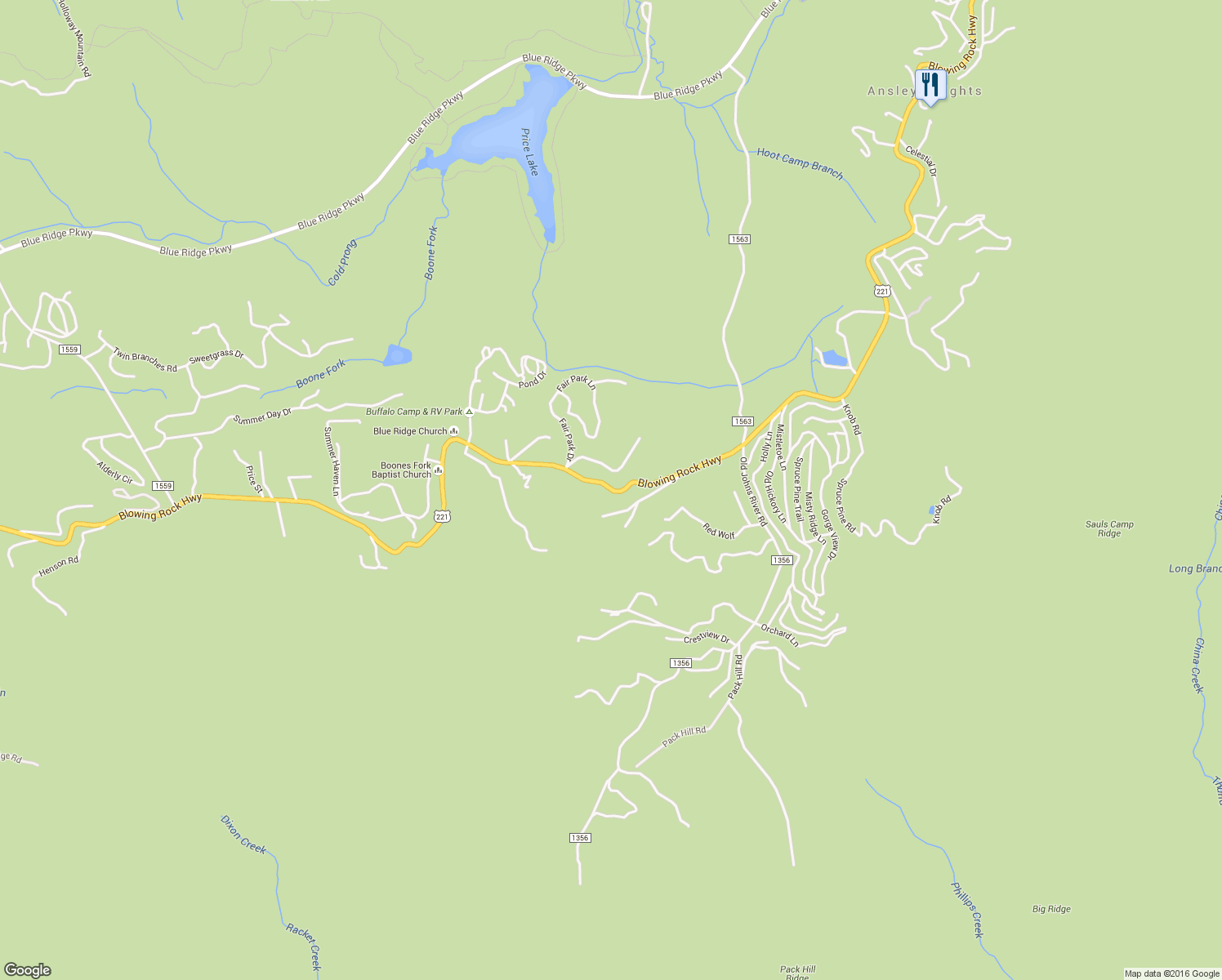 map of restaurants, bars, coffee shops, grocery stores, and more near Blowing Rock Highway in Blowing Rock
