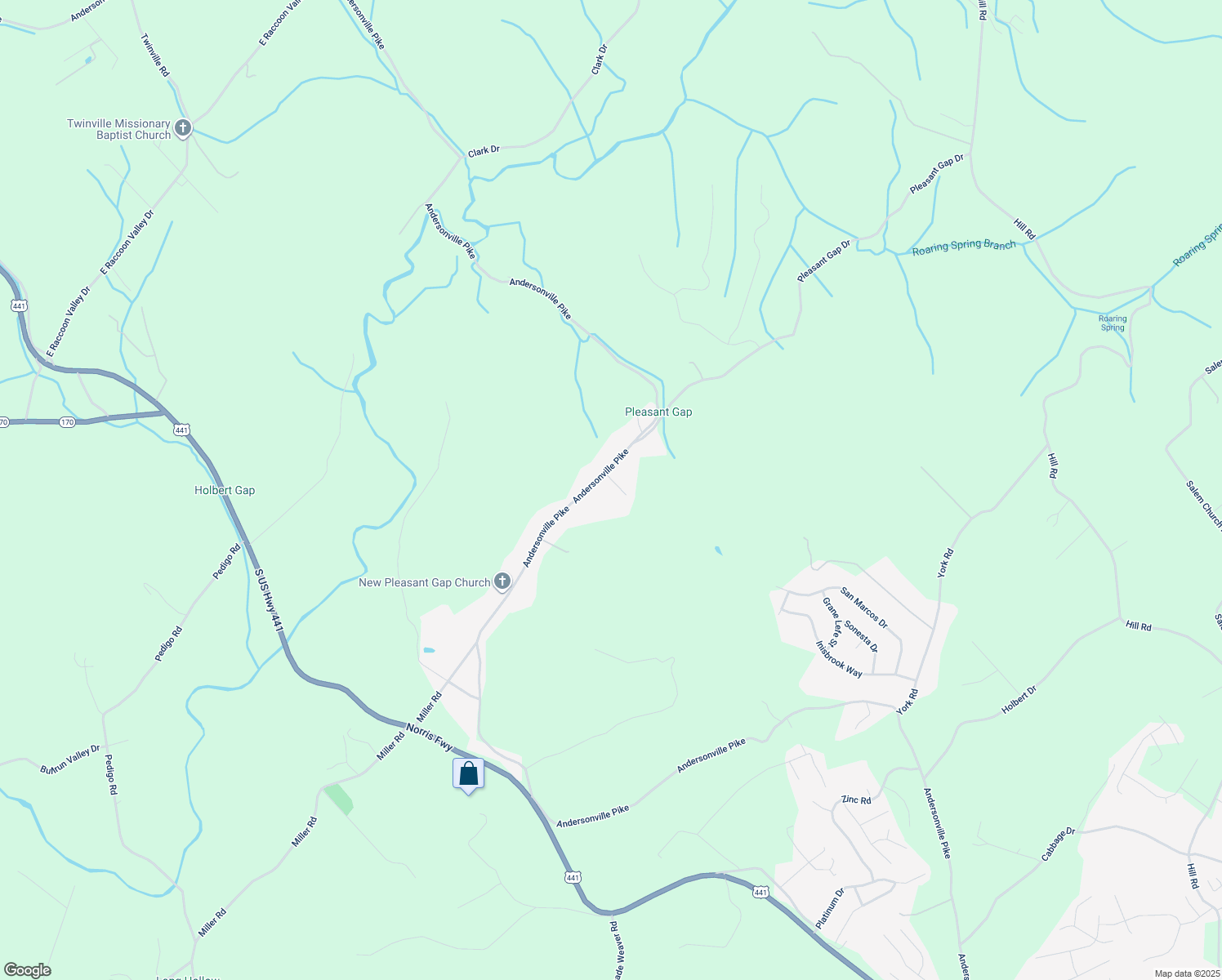 map of restaurants, bars, coffee shops, grocery stores, and more near 9128 Andersonville Pike in Powell