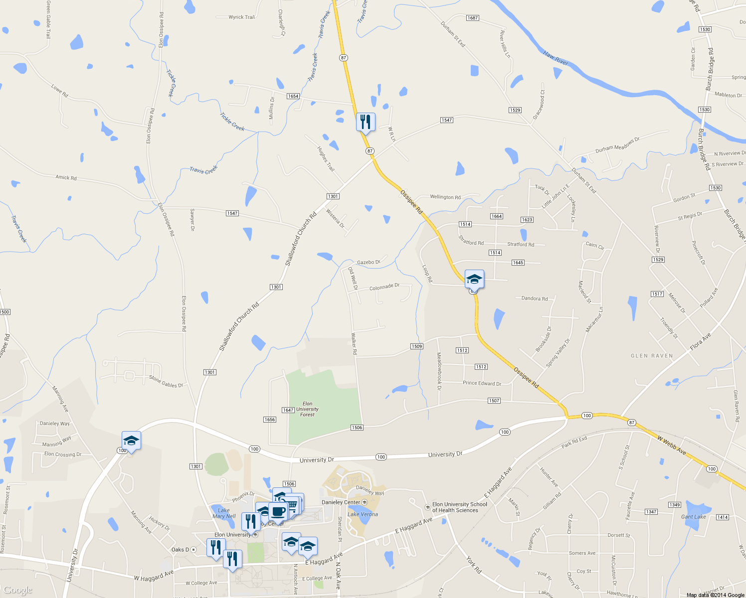 map of restaurants, bars, coffee shops, grocery stores, and more near 107 Palladium Ct in Elon