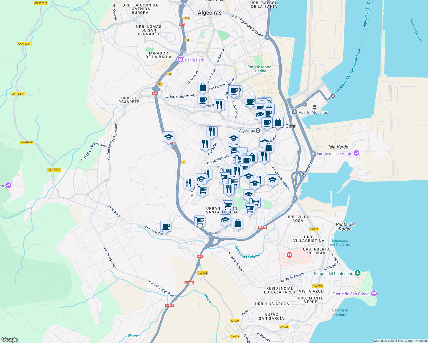 map of restaurants, bars, coffee shops, grocery stores, and more near 4 Calle Sánchez Mejías in Algeciras
