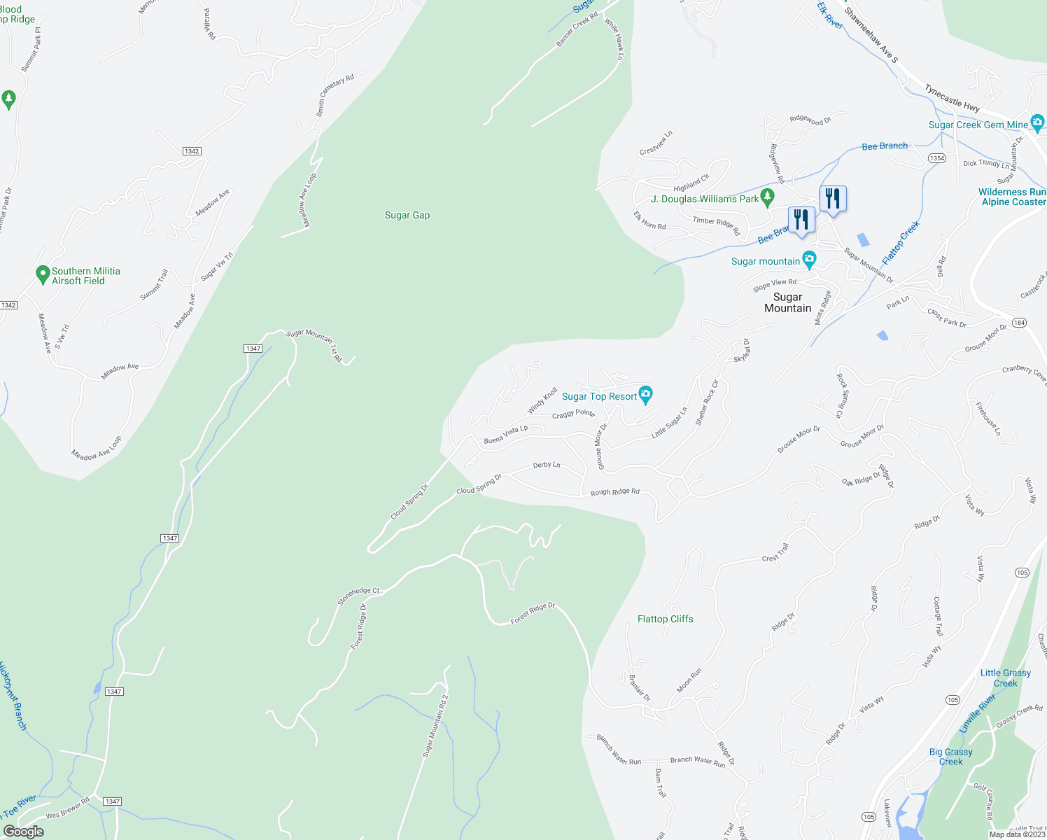 map of restaurants, bars, coffee shops, grocery stores, and more near 147-387 Craggy Pointe in Sugar Mountain