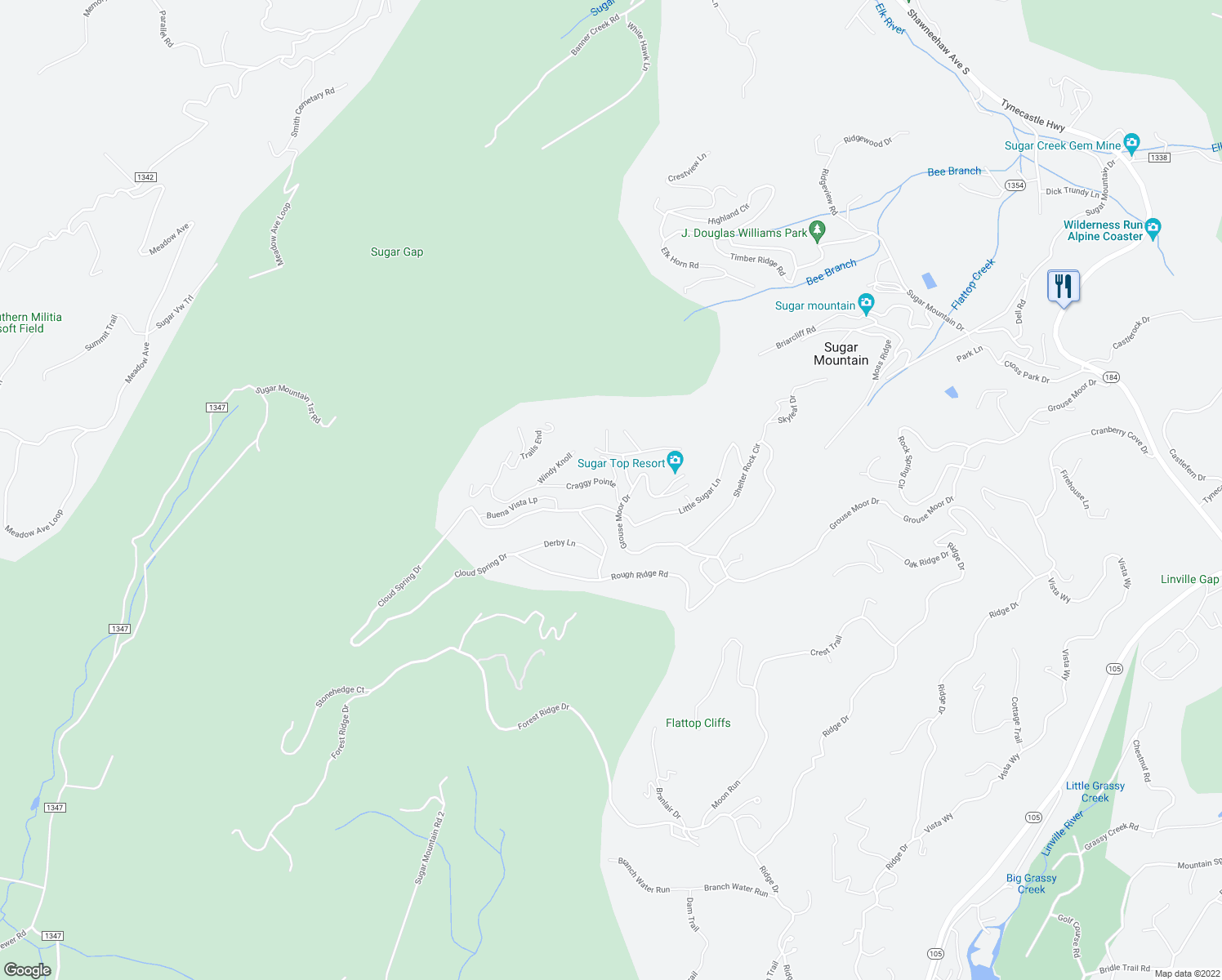 map of restaurants, bars, coffee shops, grocery stores, and more near 147 Craggy Pointe in Sugar Mountain