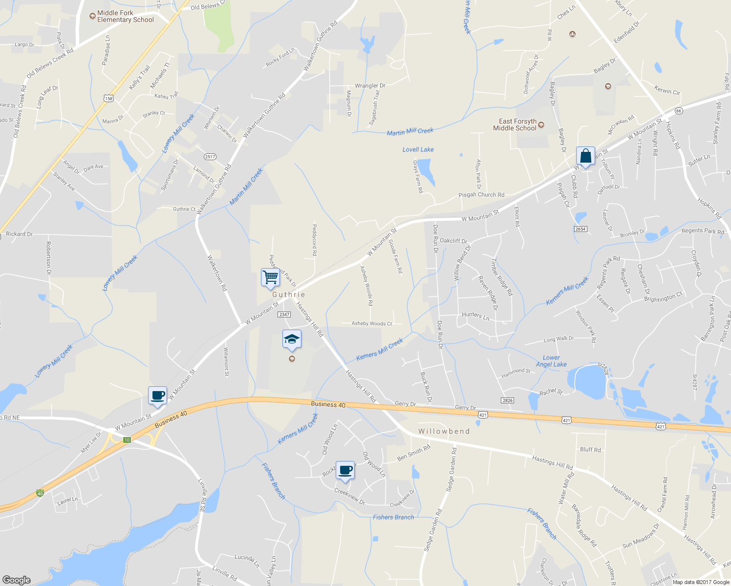 map of restaurants, bars, coffee shops, grocery stores, and more near 654 Asheby Woods Road in Kernersville