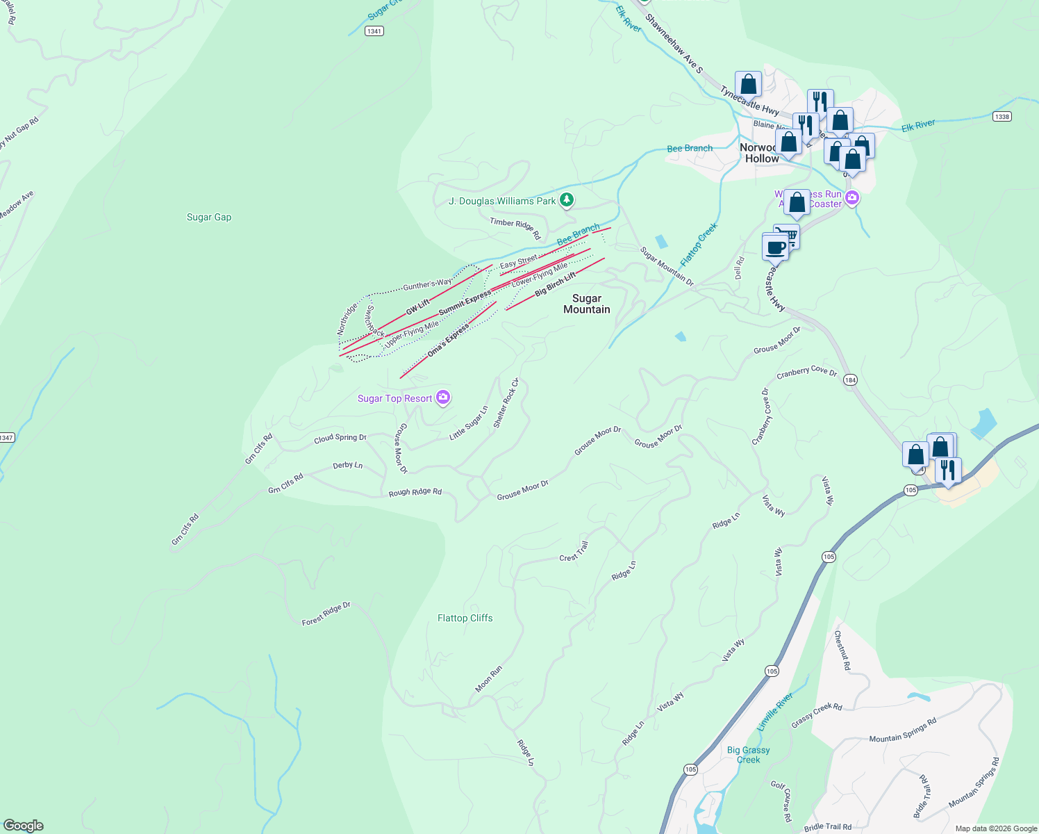 map of restaurants, bars, coffee shops, grocery stores, and more near 345 Shelter Rock Circle in Sugar Mountain