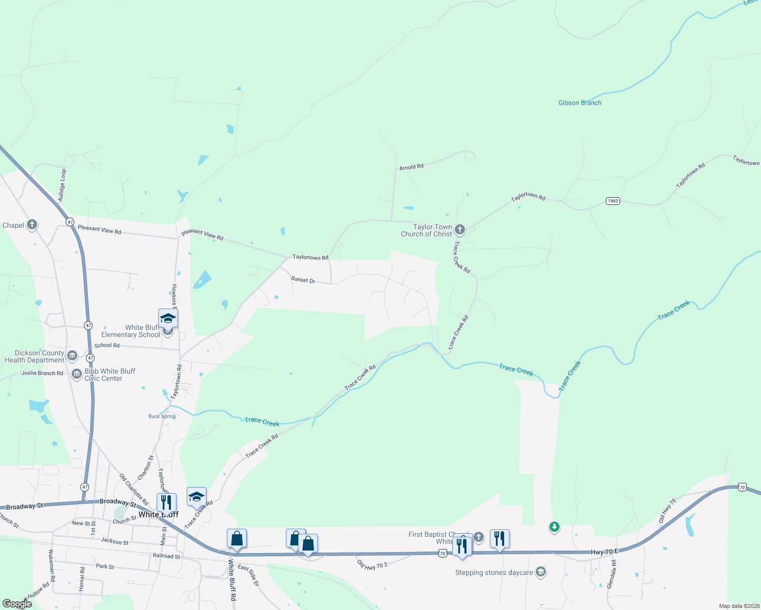 map of restaurants, bars, coffee shops, grocery stores, and more near 608 South Evening Shade in White Bluff