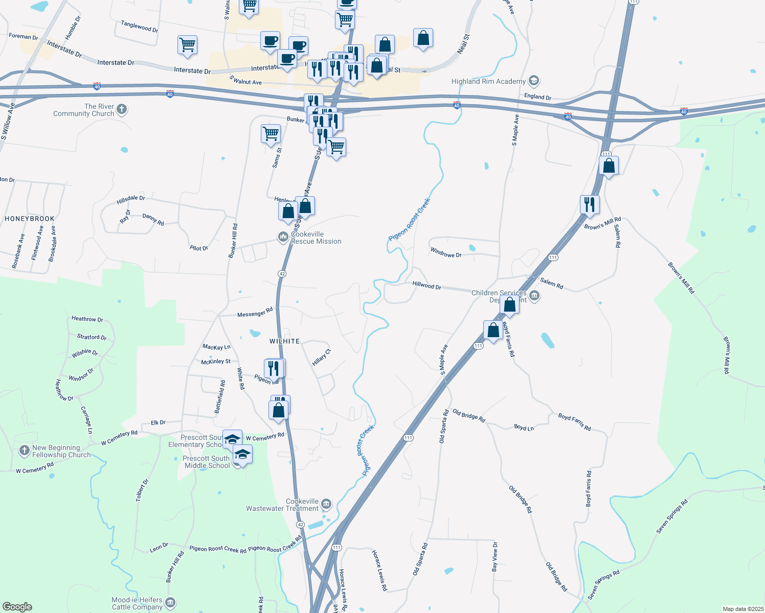 map of restaurants, bars, coffee shops, grocery stores, and more near 1400 Robert Lane in Cookeville