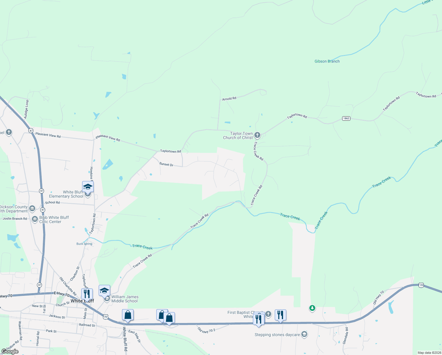 map of restaurants, bars, coffee shops, grocery stores, and more near 611 South Evening Shade in White Bluff