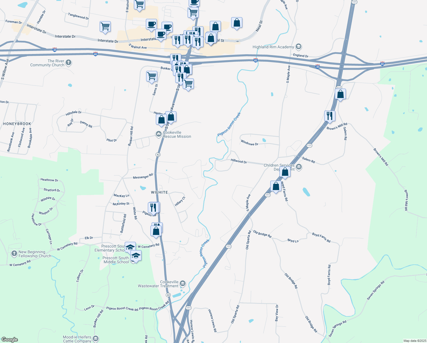 map of restaurants, bars, coffee shops, grocery stores, and more near 1400 Robert Lane in Cookeville