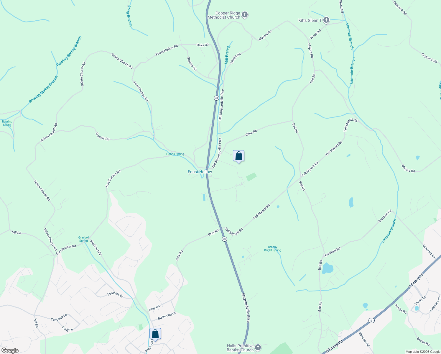 map of restaurants, bars, coffee shops, grocery stores, and more near 8234 Old Maynardville Pike in Knoxville