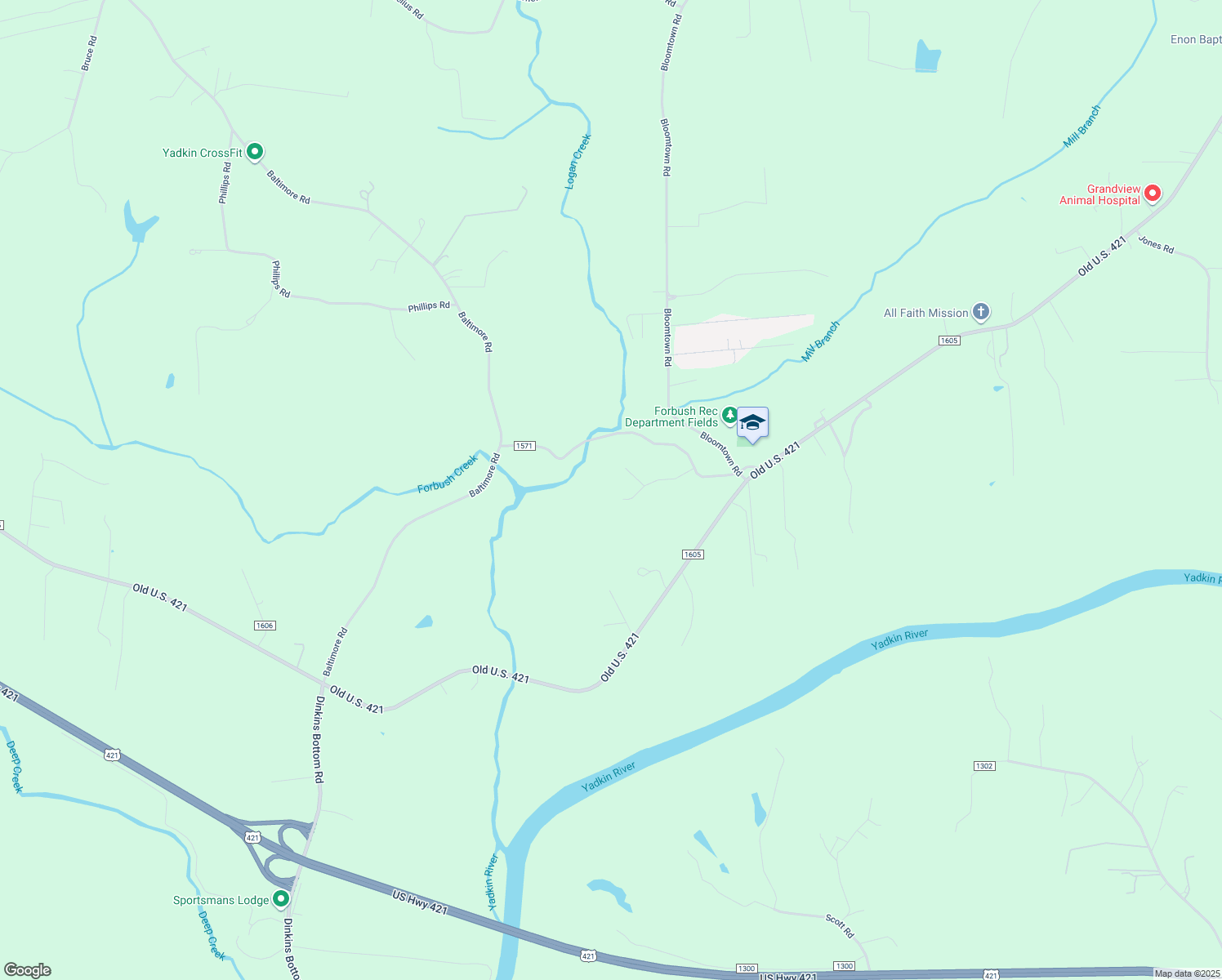 map of restaurants, bars, coffee shops, grocery stores, and more near 4500 Forbush Oaks Dr in East Bend
