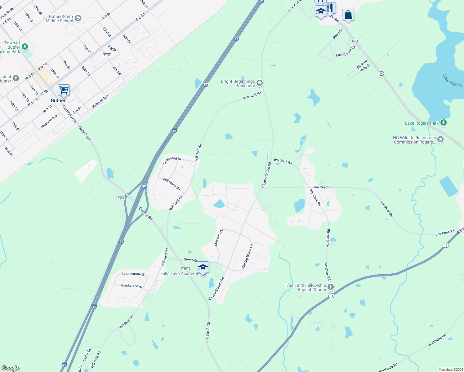 map of restaurants, bars, coffee shops, grocery stores, and more near 2073 Partridge Court in Creedmoor