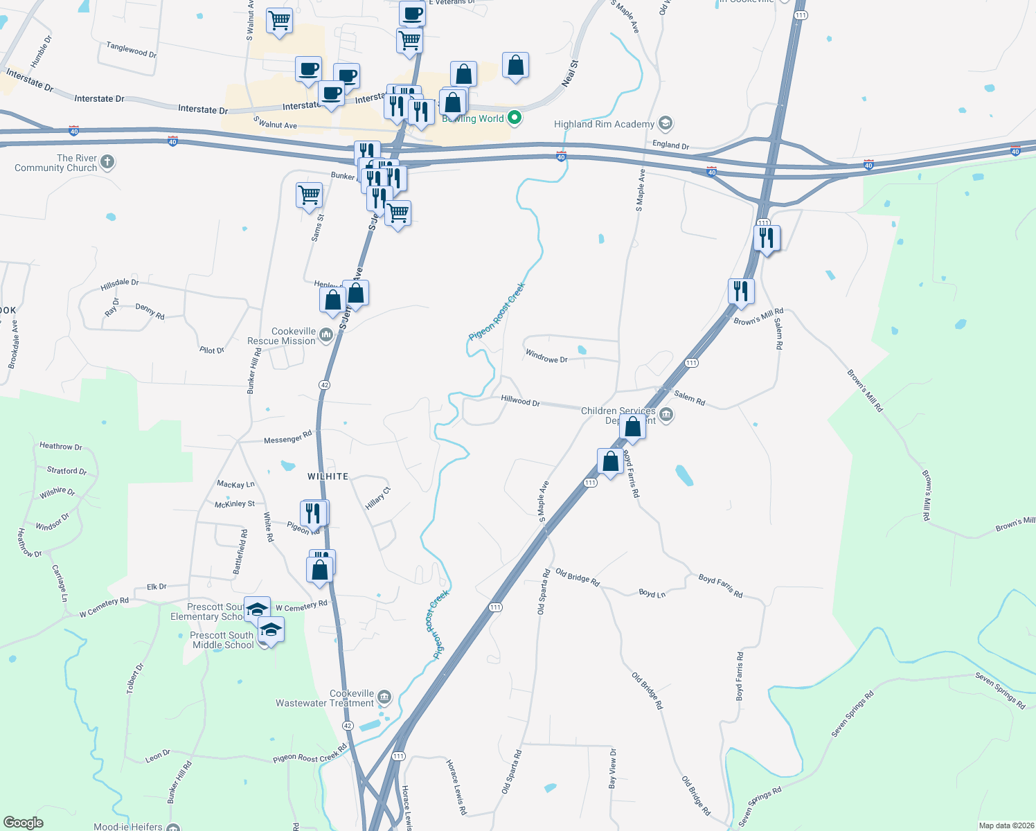 map of restaurants, bars, coffee shops, grocery stores, and more near 551 Hillwood Drive in Cookeville