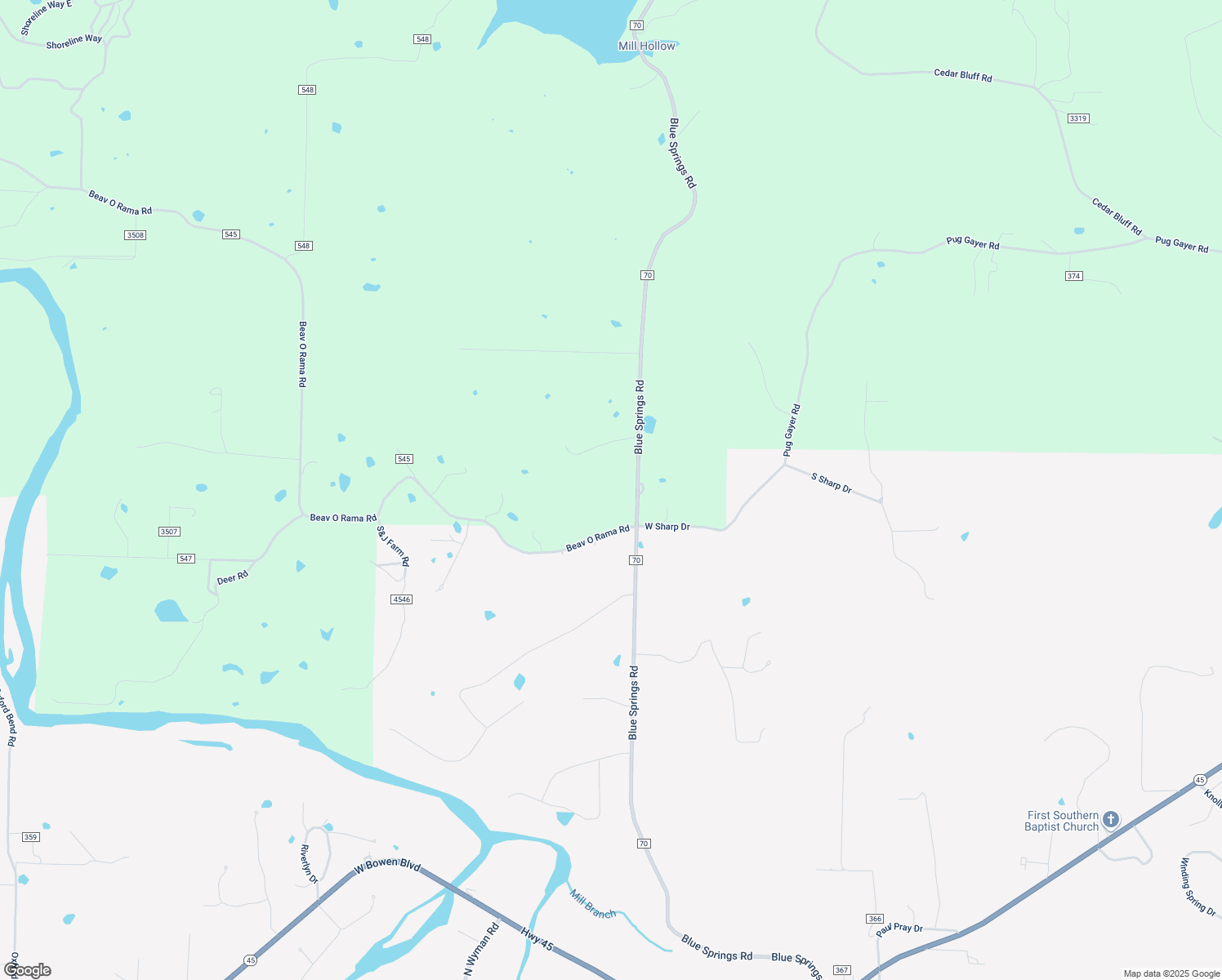 map of restaurants, bars, coffee shops, grocery stores, and more near 17863 Blue Springs Road in Fayetteville