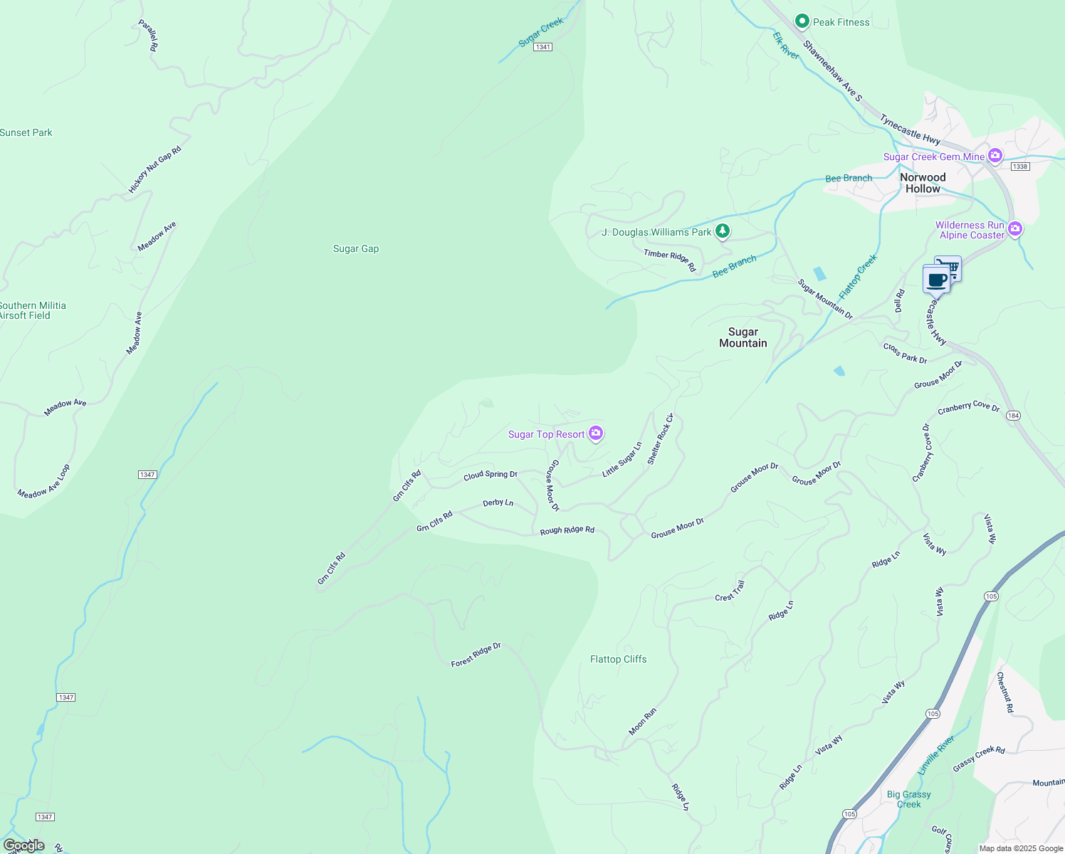 map of restaurants, bars, coffee shops, grocery stores, and more near 299 Woodhaven Drive in Sugar Mountain