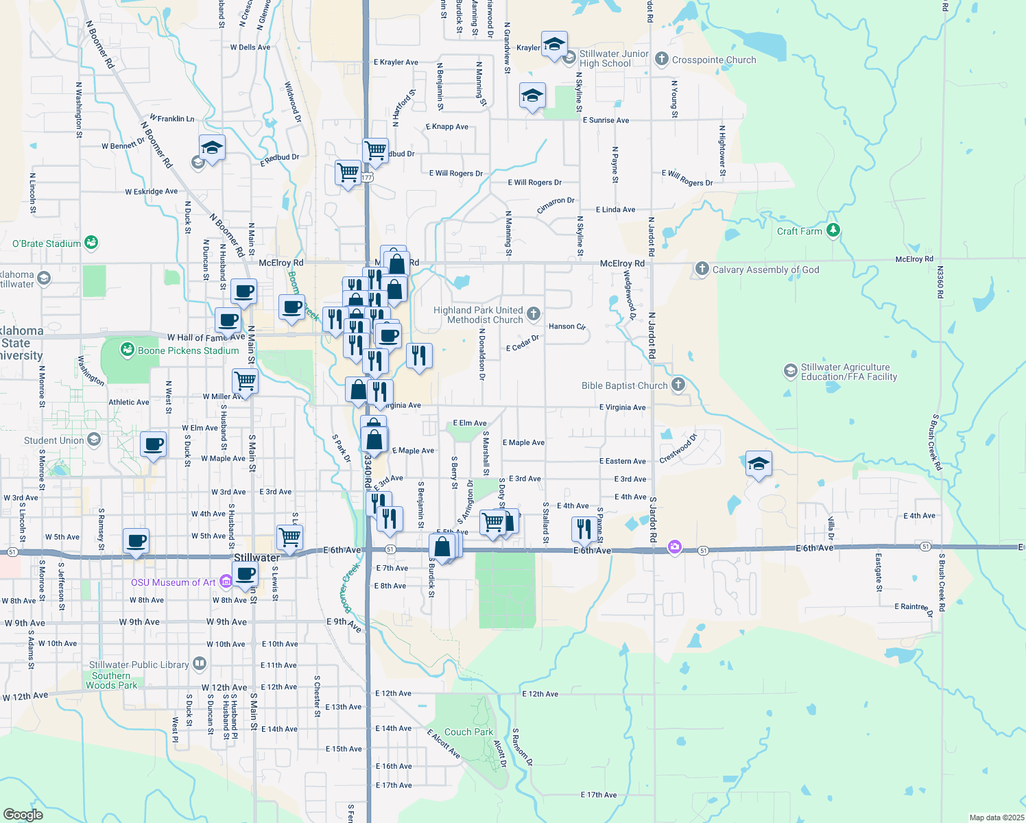 map of restaurants, bars, coffee shops, grocery stores, and more near 102 South Grandview Street in Stillwater