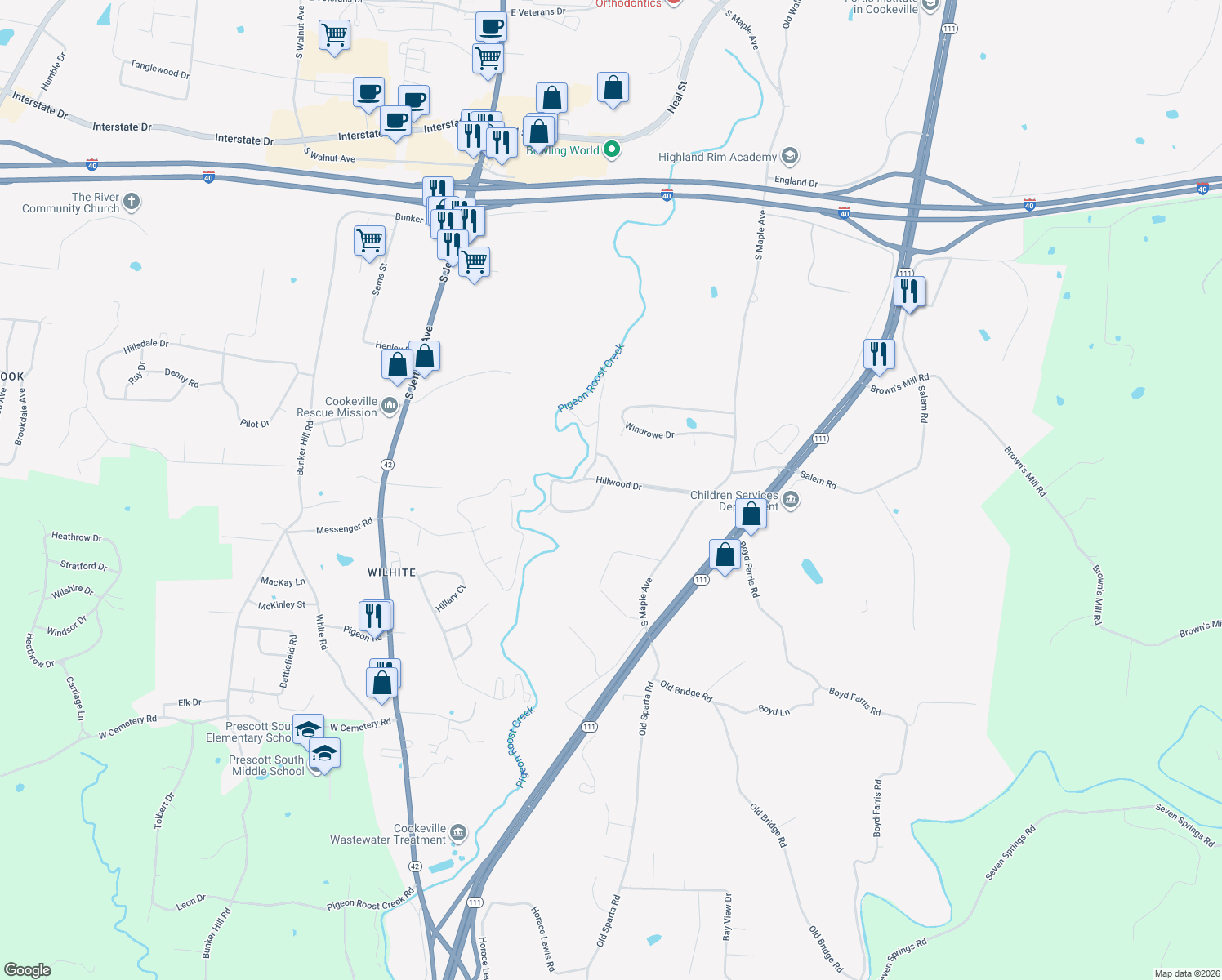 map of restaurants, bars, coffee shops, grocery stores, and more near 551 Hillwood Drive in Cookeville
