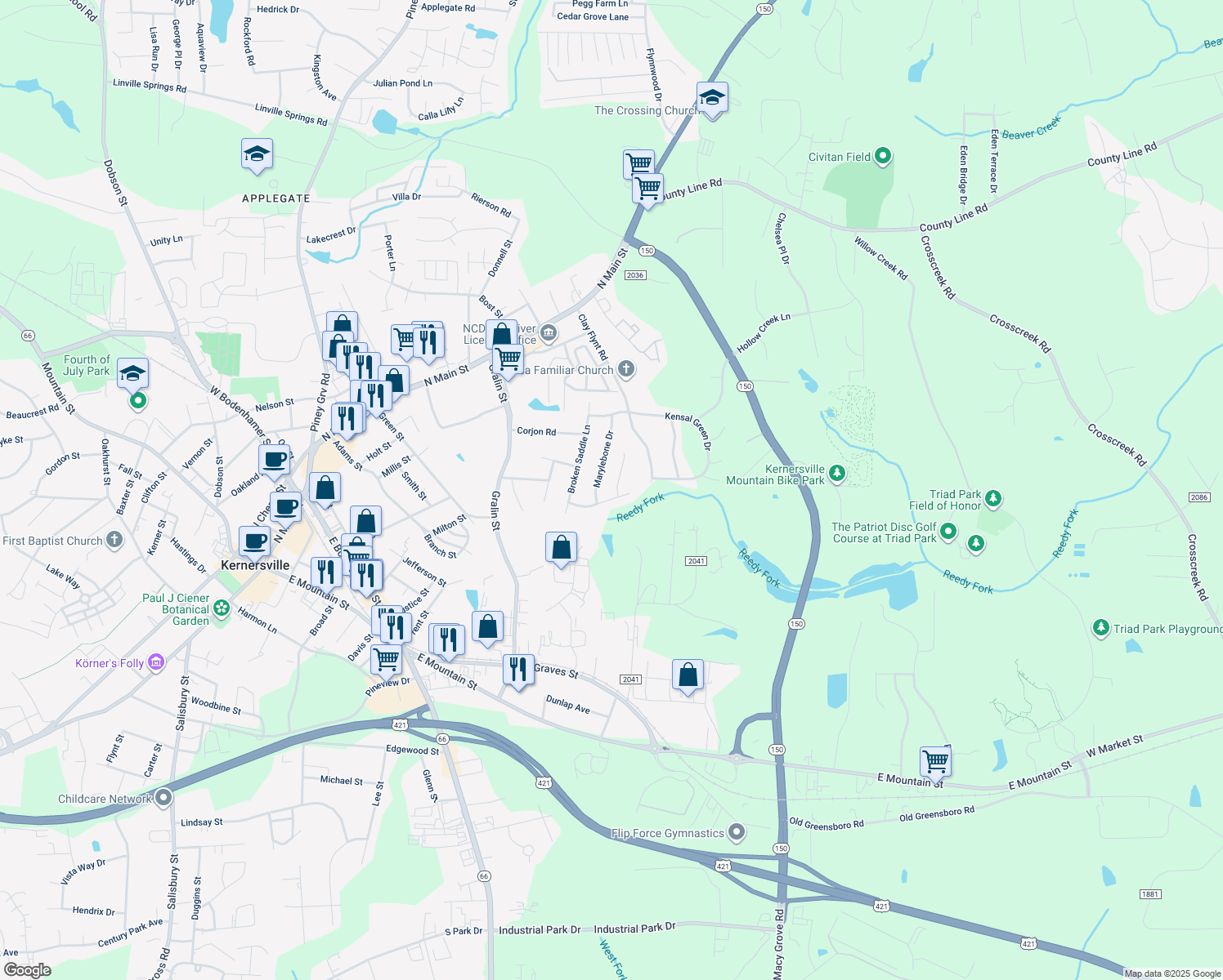 map of restaurants, bars, coffee shops, grocery stores, and more near 128 Thomas Drake Court in Kernersville