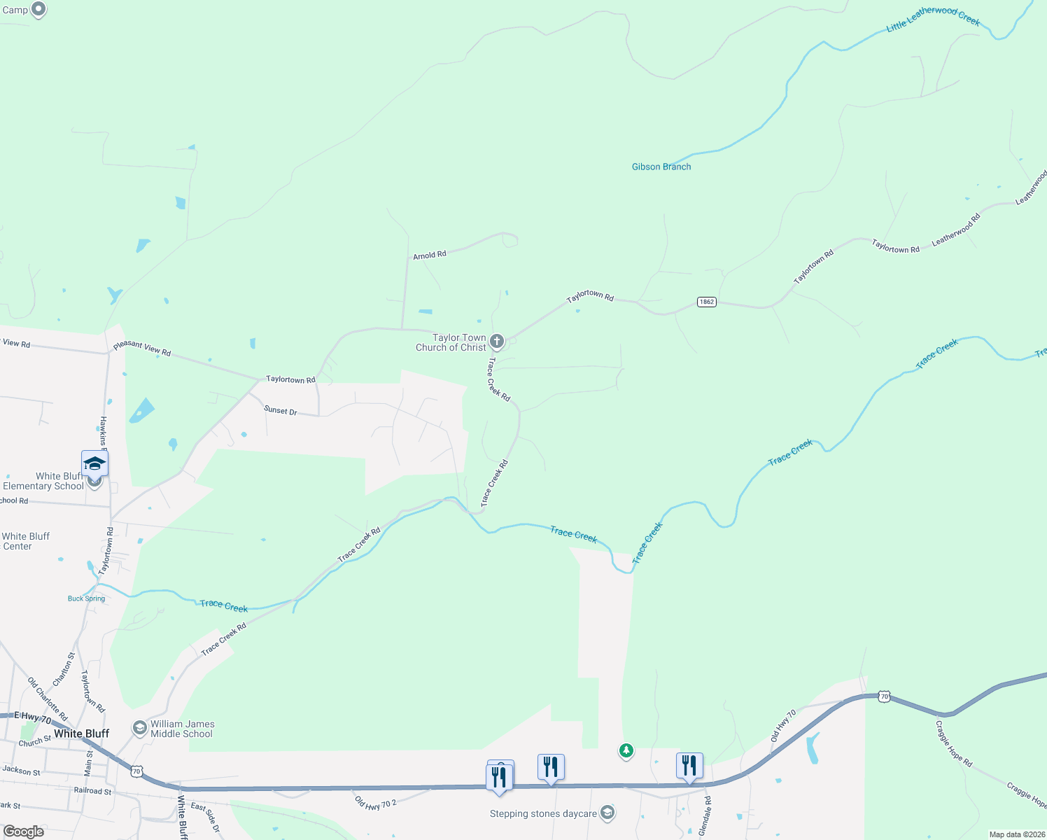 map of restaurants, bars, coffee shops, grocery stores, and more near 3494 Trace Creek Road in White Bluff