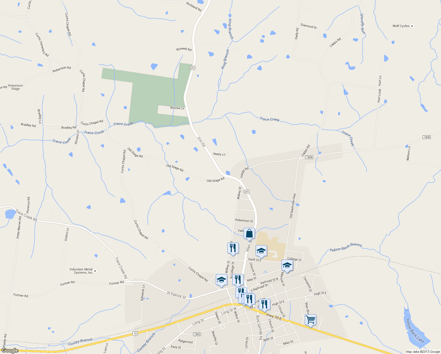 map of restaurants, bars, coffee shops, grocery stores, and more near 38 Old Stage Rd in McEwen