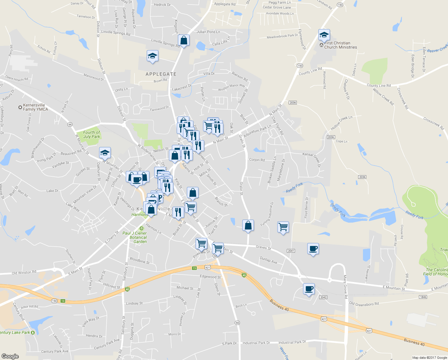 map of restaurants, bars, coffee shops, grocery stores, and more near 229 Green Street in Kernersville