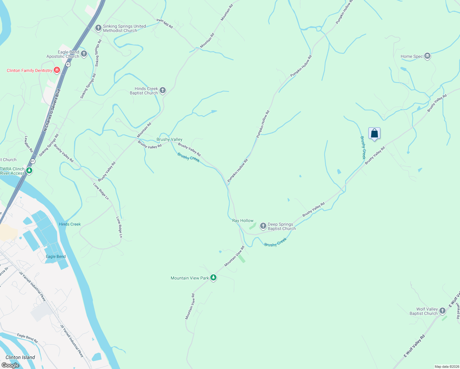 map of restaurants, bars, coffee shops, grocery stores, and more near 605 Brushy Valley Road in Heiskell