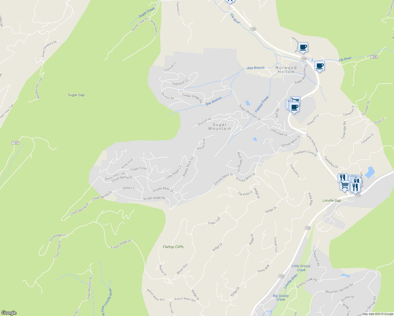 map of restaurants, bars, coffee shops, grocery stores, and more near 538 Shelter Rock Circle in Sugar Mountain