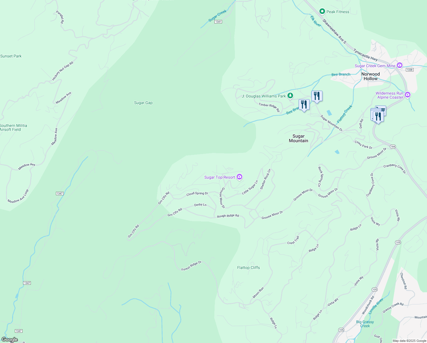 map of restaurants, bars, coffee shops, grocery stores, and more near 299 Woodhaven Drive in Sugar Mountain