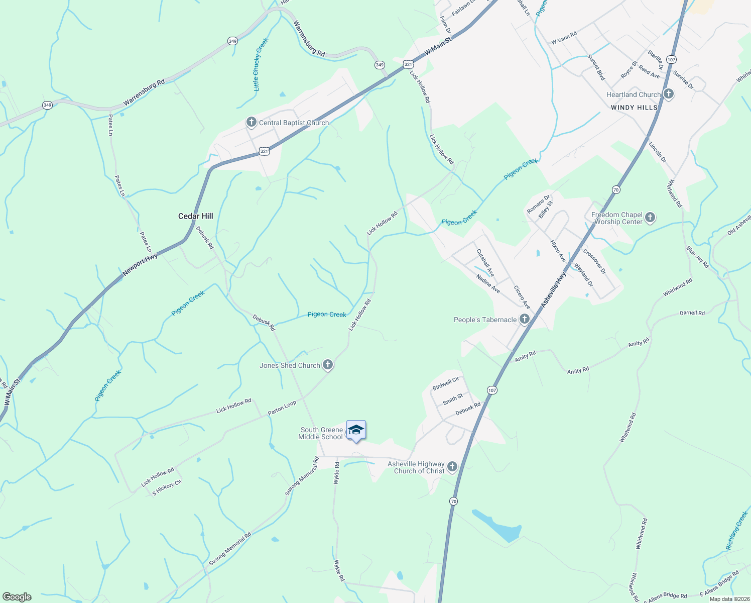 map of restaurants, bars, coffee shops, grocery stores, and more near 1405 Lick Hollow Road in Greeneville