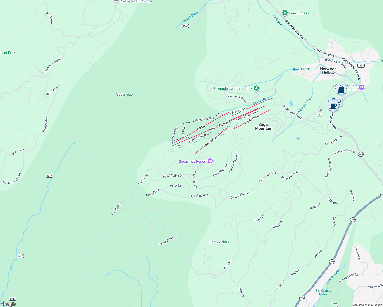 map of restaurants, bars, coffee shops, grocery stores, and more near 101 Sugar Ski Drive in Sugar Mountain