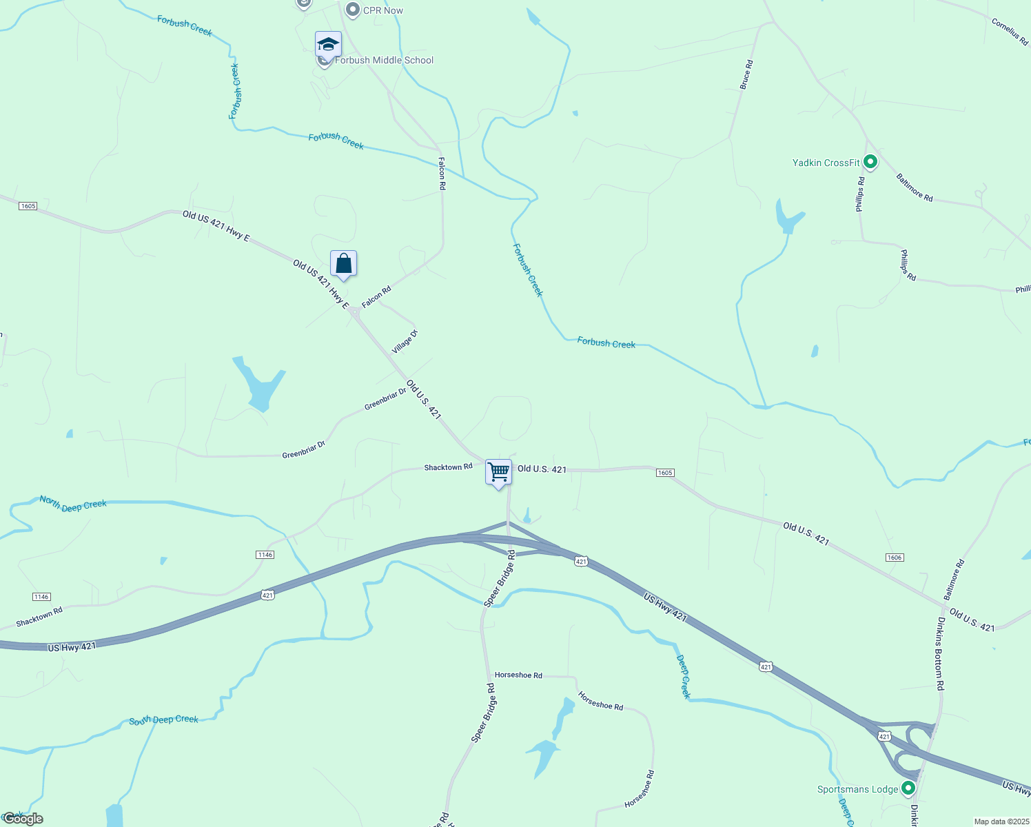 map of restaurants, bars, coffee shops, grocery stores, and more near 4924 Bent Tree Way in Yadkinville