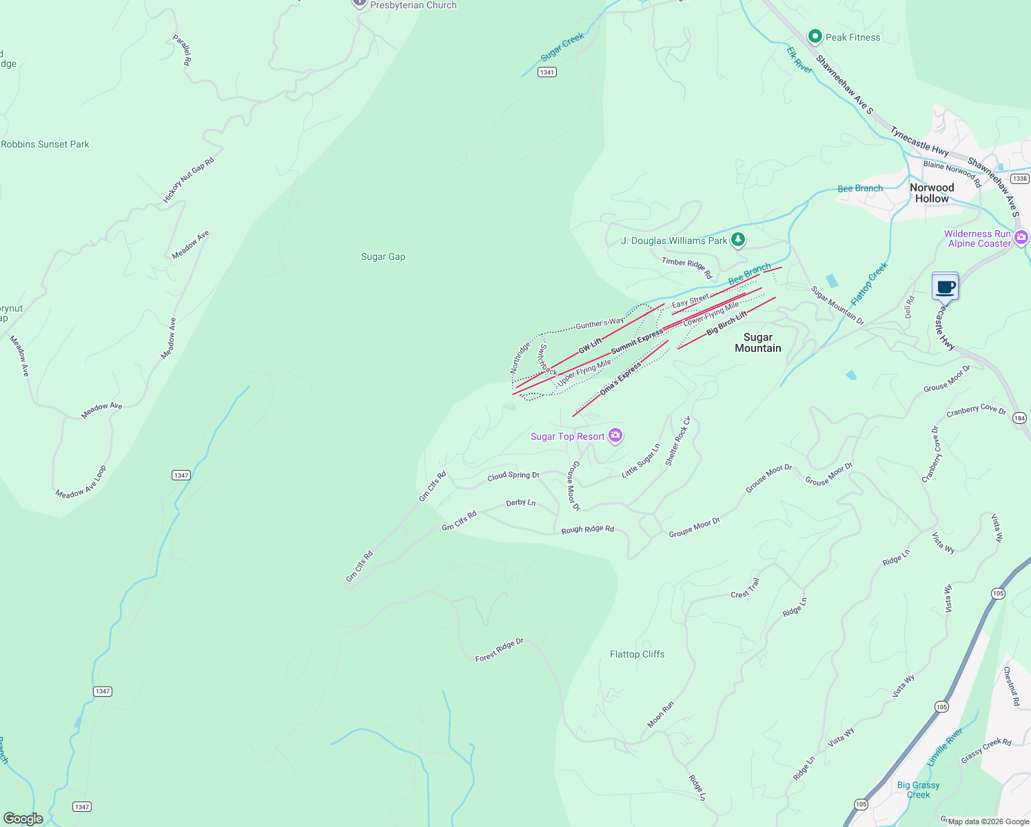 map of restaurants, bars, coffee shops, grocery stores, and more near 200 Trails End in Sugar Mountain