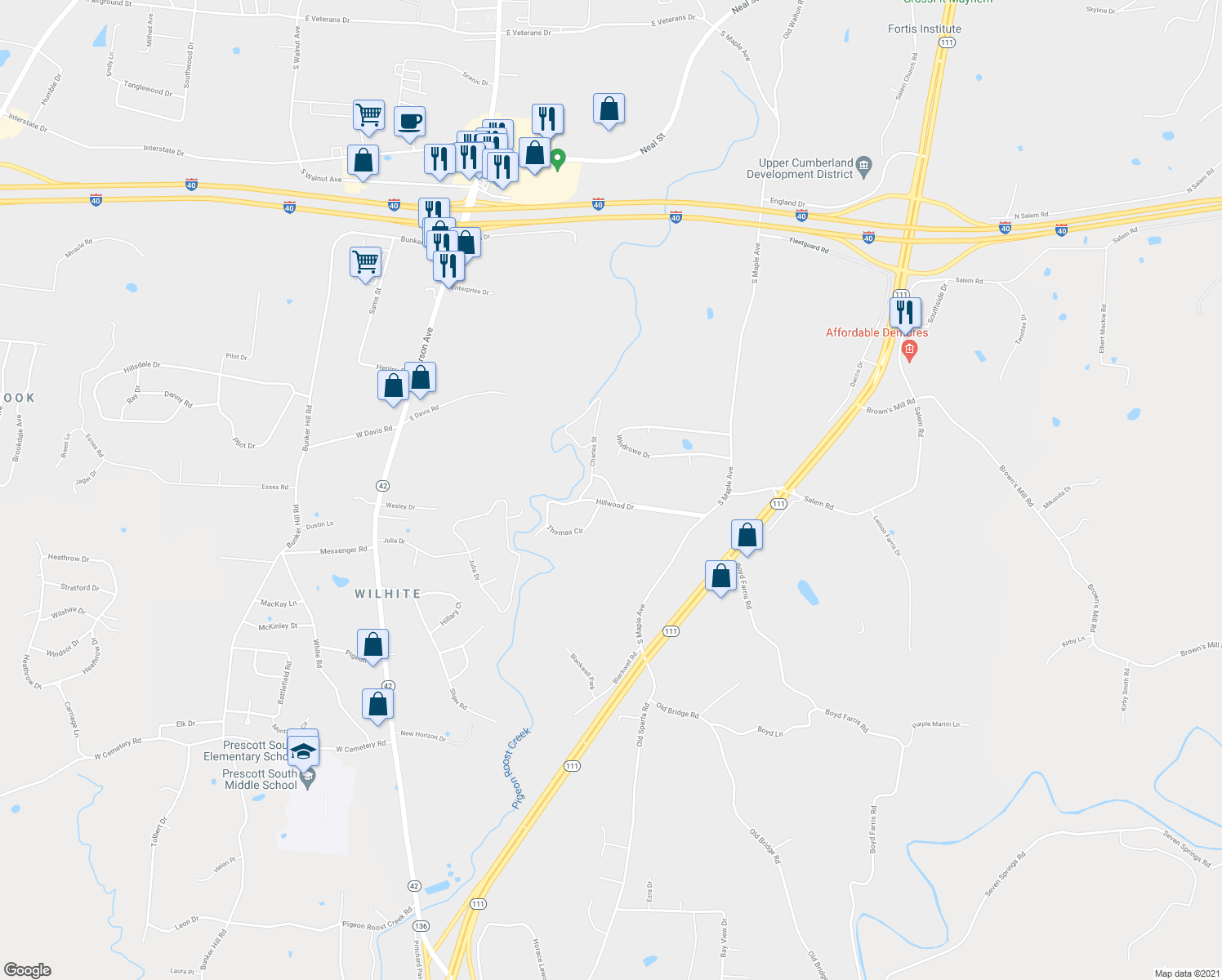 map of restaurants, bars, coffee shops, grocery stores, and more near 551 Heather Lane in Cookeville