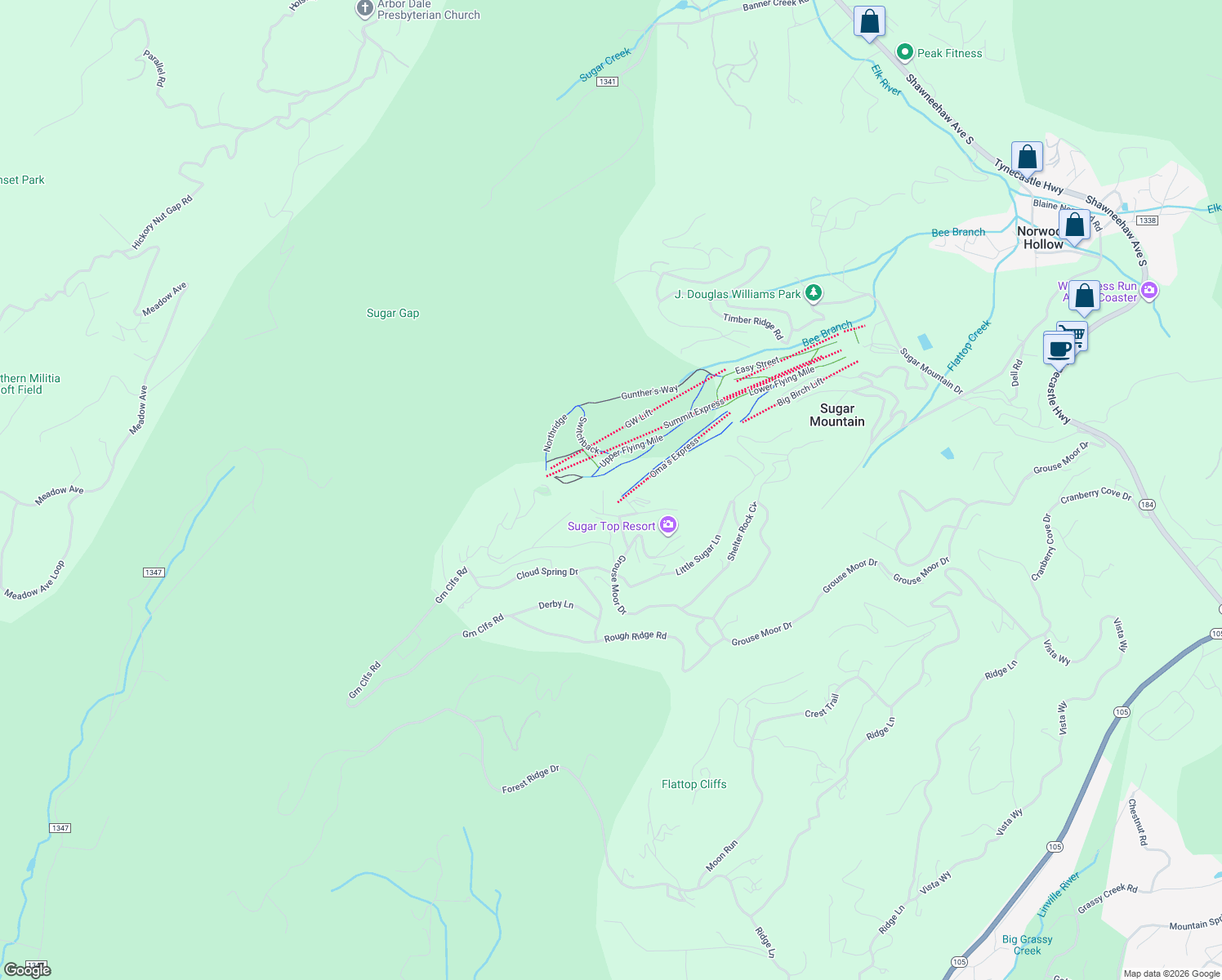 map of restaurants, bars, coffee shops, grocery stores, and more near 100 Sugar Ski Drive in Sugar Mountain